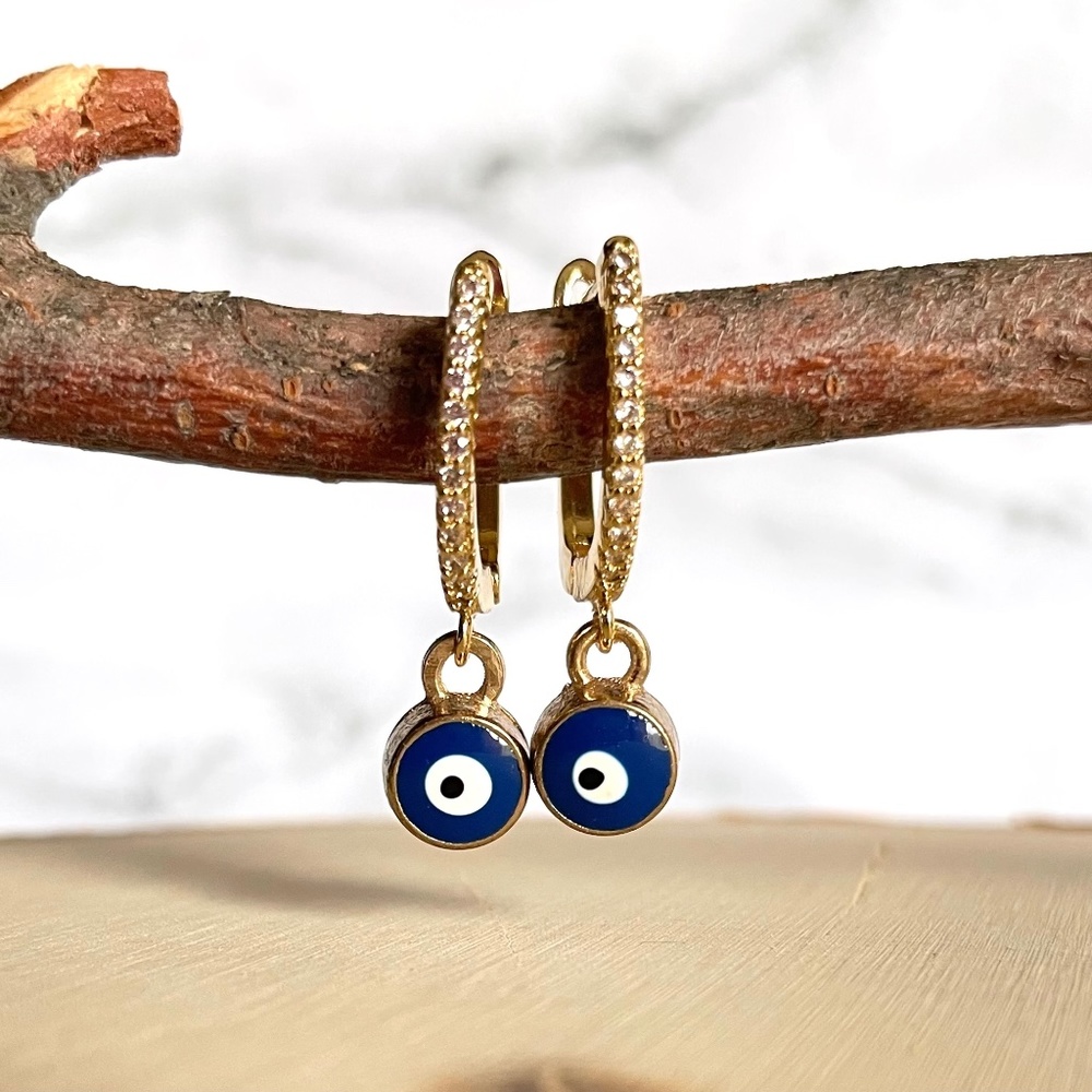 #50 Evil Eye Hoop Earrings Dainty Minimalist CZ Huggie Hoops 14K Gold Plated
